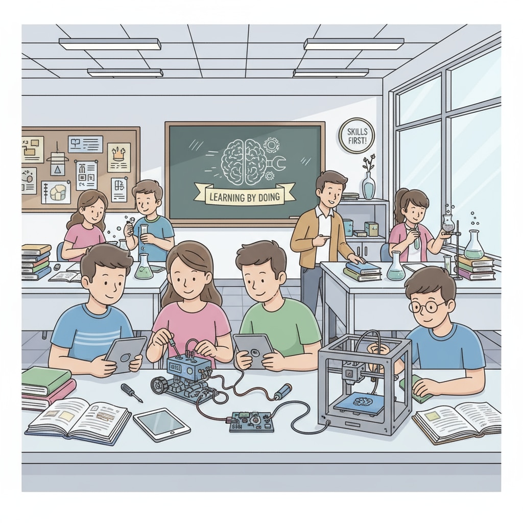 A classroom scene where students are engaged in hands - on learning activities while textbooks lie untouched on their desks. This represents the current trend in education where practical skills are emphasized over traditional knowledge from textbooks. Classroom scene showing the imbalance between hands - on learning and textbook knowledge related to educational standards, historical knowledge, and civic literacy