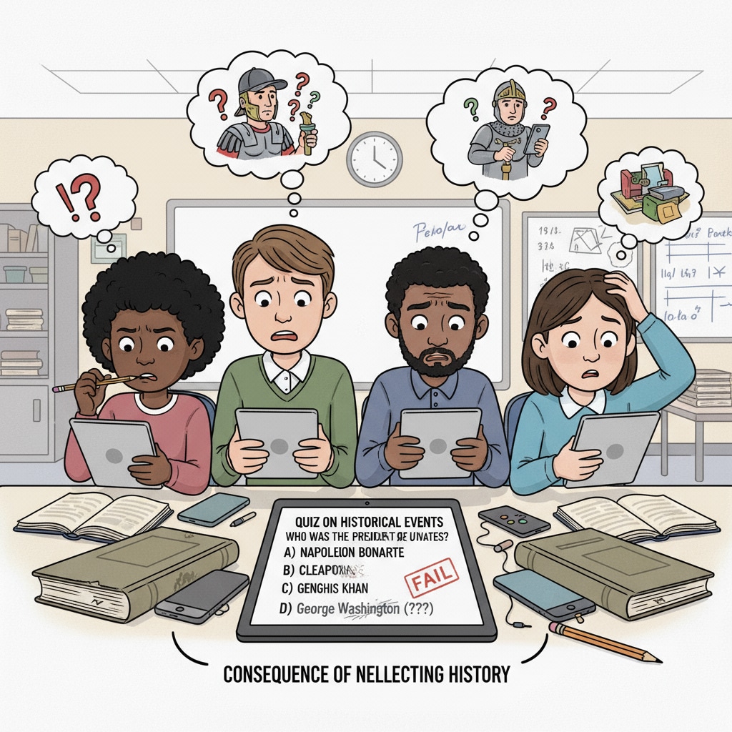A group of students looking confused while trying to answer questions about historical events on a quiz. This depicts the consequence of neglecting historical knowledge in modern education. Students confused during a historical quiz highlighting the importance of historical knowledge within educational standards and civic literacy