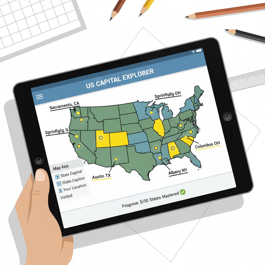 A screenshot of a US state capital learning app as an educational tool