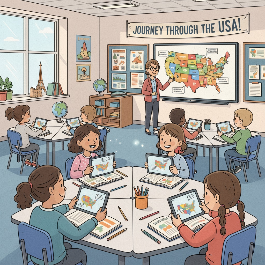 Students using US state capital learning apps in a classroom setting as educational tools