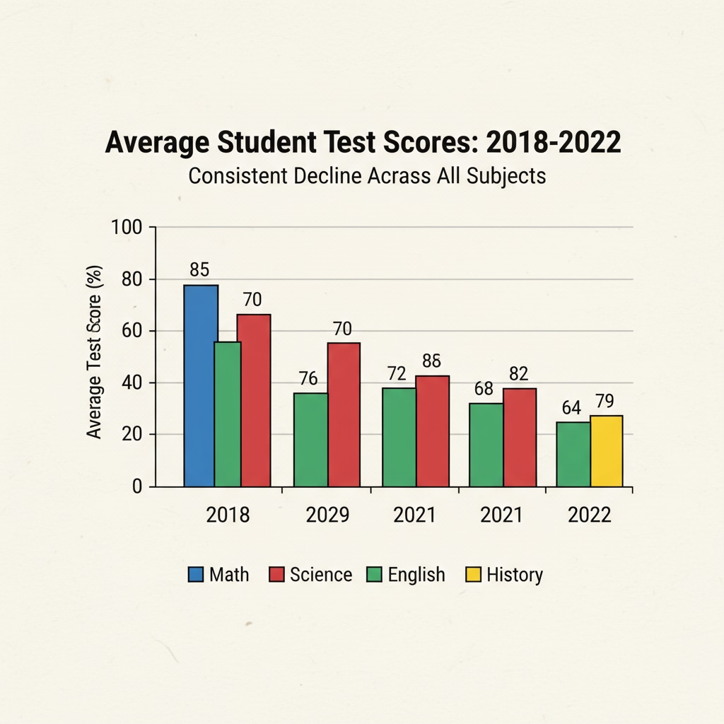Chart showing the decline in student test scores related to education funding and administrative salaries.