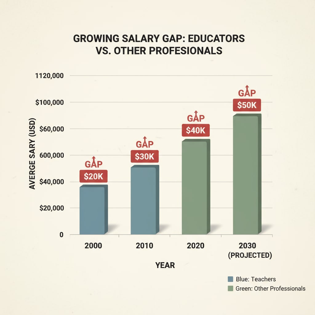 A bar graph shows the salary gap between teachers and other professionals in different years, with the gap clearly increasing over time. Bar graph of the increasing salary gap between teachers and other professionals in the US