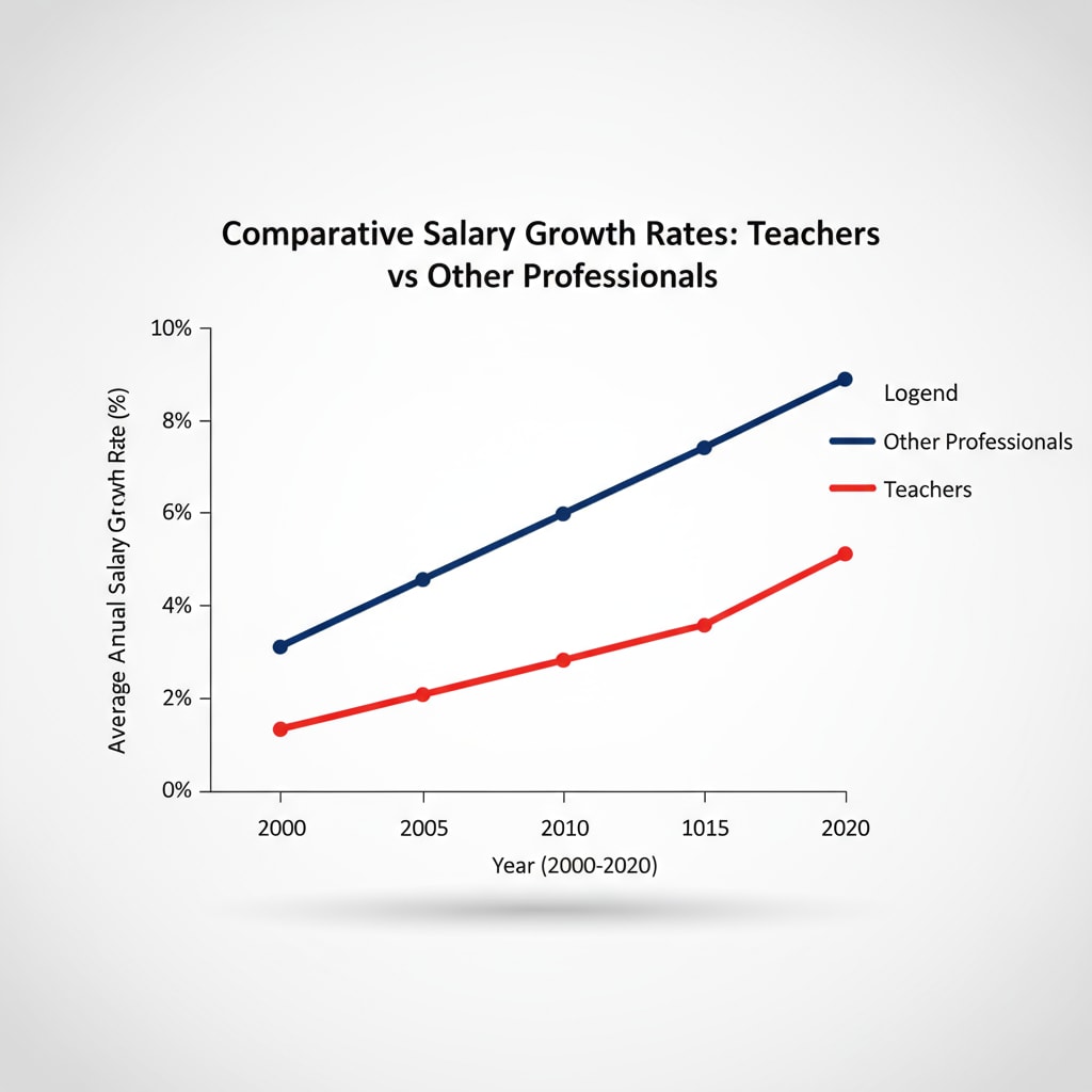 A line graph depicts the salary growth rates of teachers and other professionals, showing that the growth rate of teachers is much lower. Line graph of the different salary growth rates of teachers and other professionals in the US