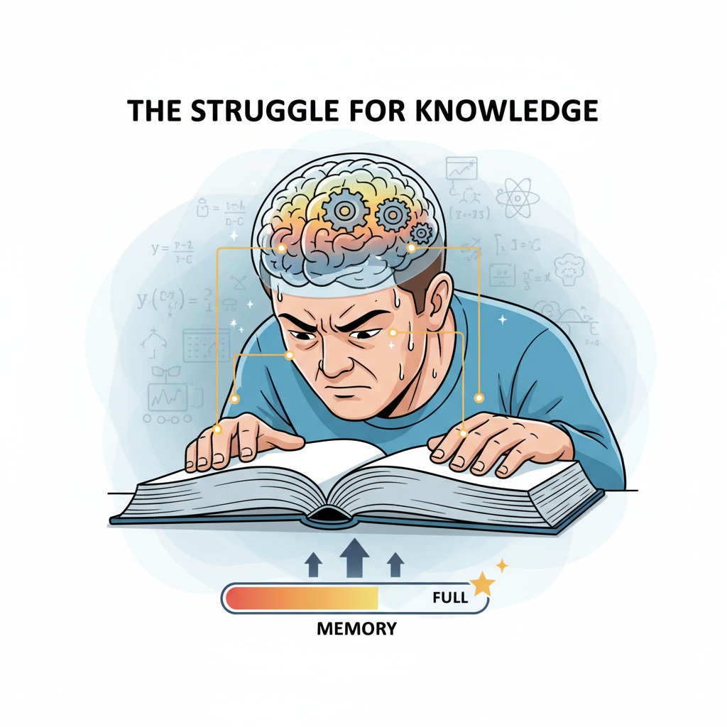 A person is concentrating while looking at a book, which shows the effort in trying to achieve a good memory. A person concentrating on a book for better memory development