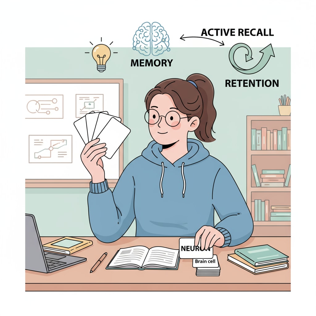 A student is using flashcards, which is a common practice for memory enhancement. A student using flashcards for memory improvement
