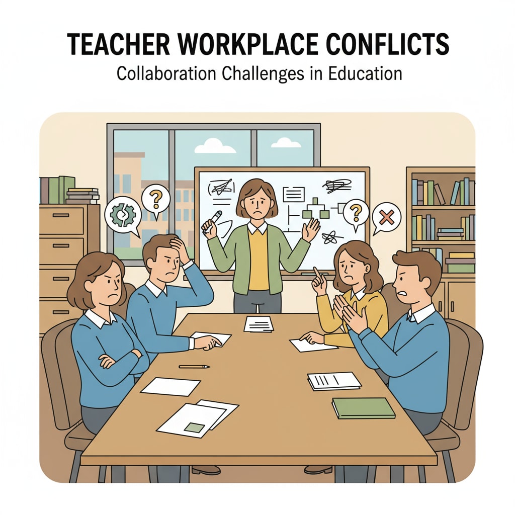 A group of teachers in a meeting room, some looking frustrated, representing teacher conflicts in the work environment Teachers in conflict in a work environment
