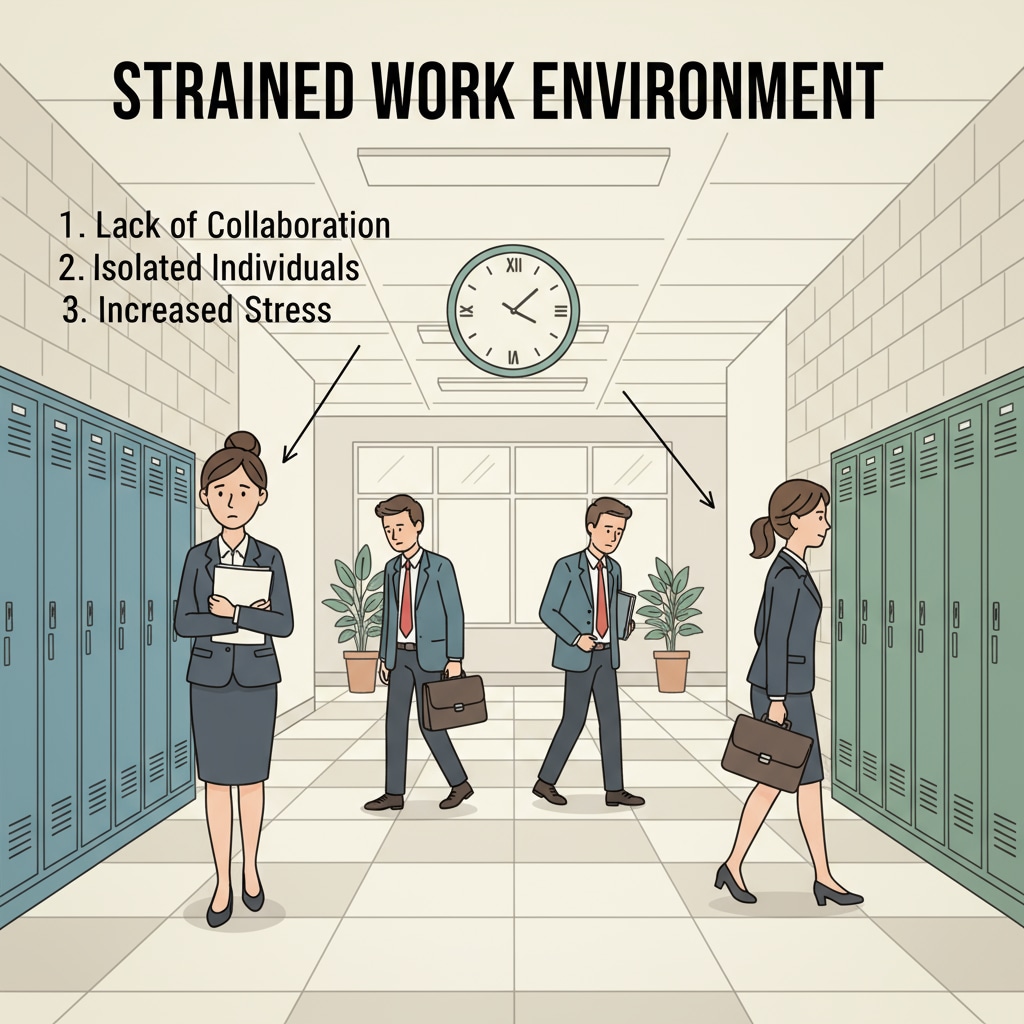A school hallway with teachers walking separately, showing a strained work environment Strained work environment among teachers in a school hallway