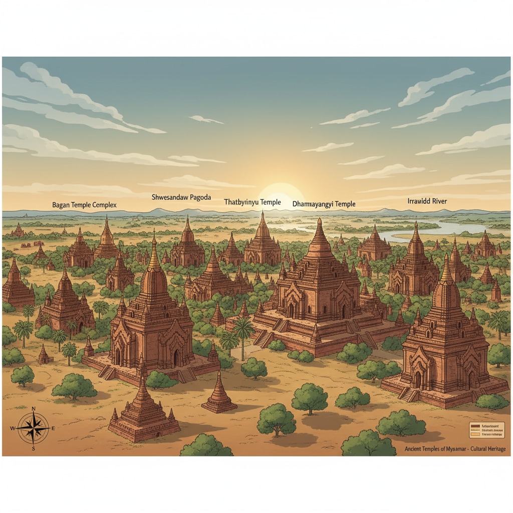 A wide view of ancient temples in Myanmar, with their spires and domes rising against the sky, demonstrating the grandeur of the country's cultural heritage. A panoramic view of Myanmar's ancient temples showing its rich cultural heritage
