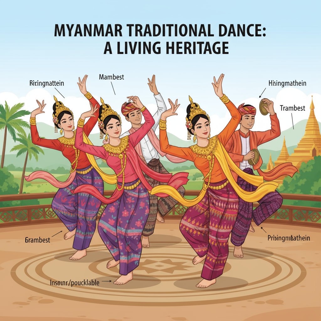 A group of Myanmar people dressed in traditional attire, performing a lively dance with rhythmic movements, highlighting the vibrancy of their cultural traditions. A group of Myanmar people performing traditional dance, highlighting their cultural traditions