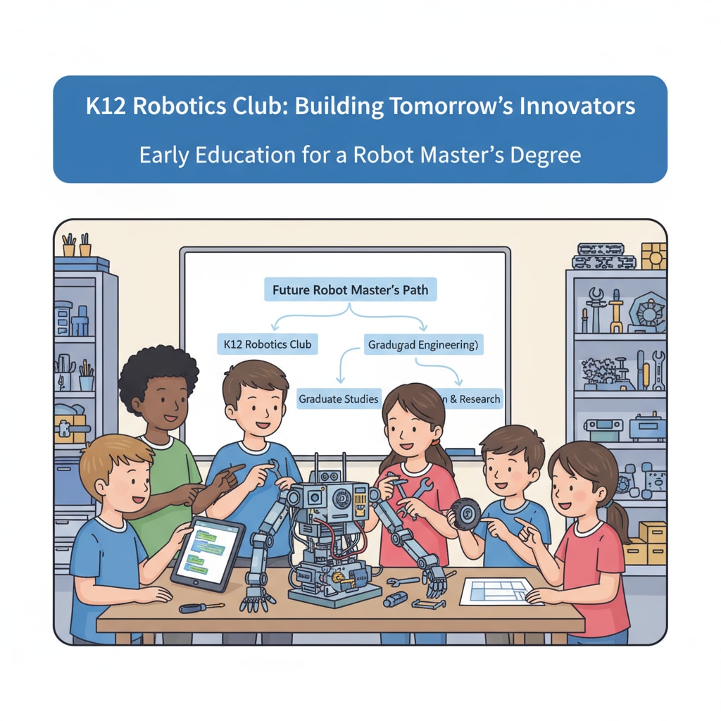 Students in a K12 robotics club are collaborating on a robot project, which is an important part of early education planning for a future robot master's degree. K12 students' robotics club activity related to robot master's degree study abroad education planning