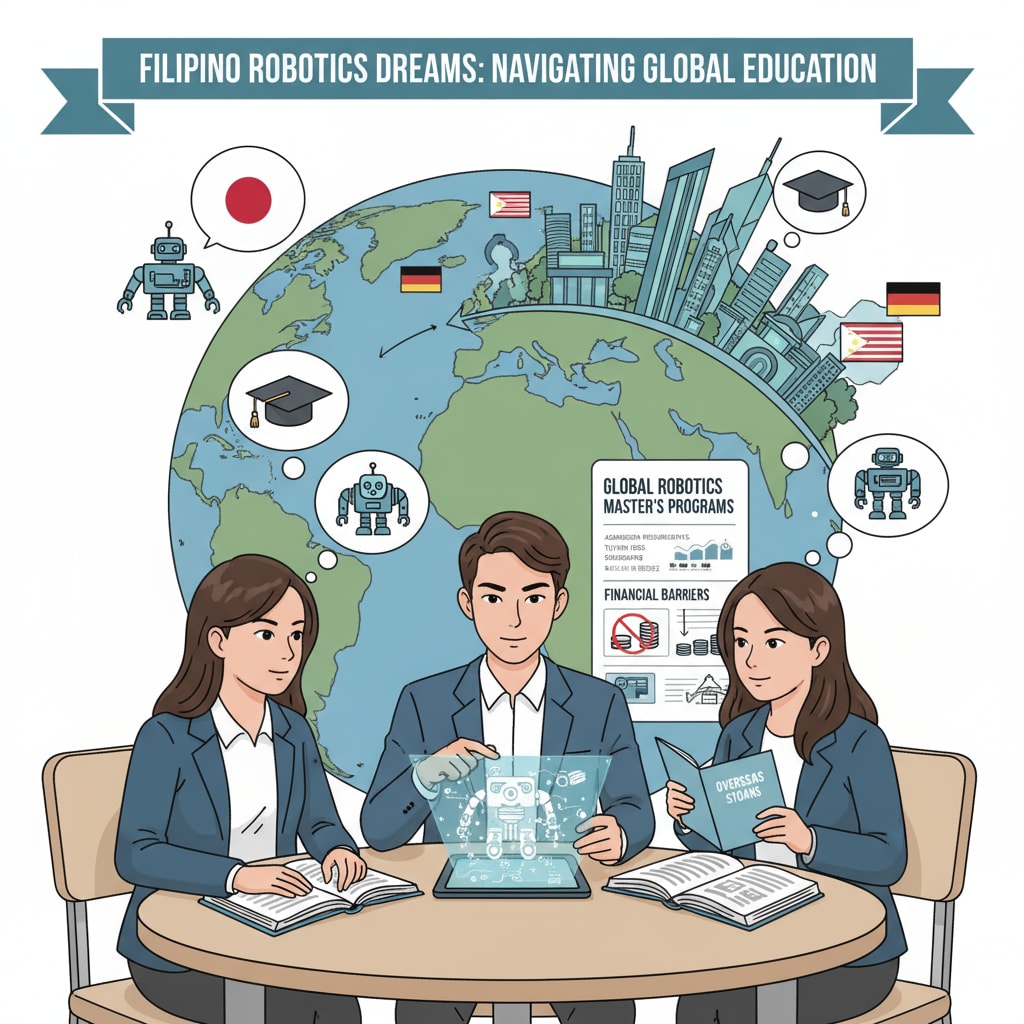 Filipino students are engaged in a discussion about their aspirations to study robotics overseas, highlighting the situation they face in the context of robot master's degree education planning. Filipino students discussing their plans for studying robotics abroad in relation to robot master's degree education planning