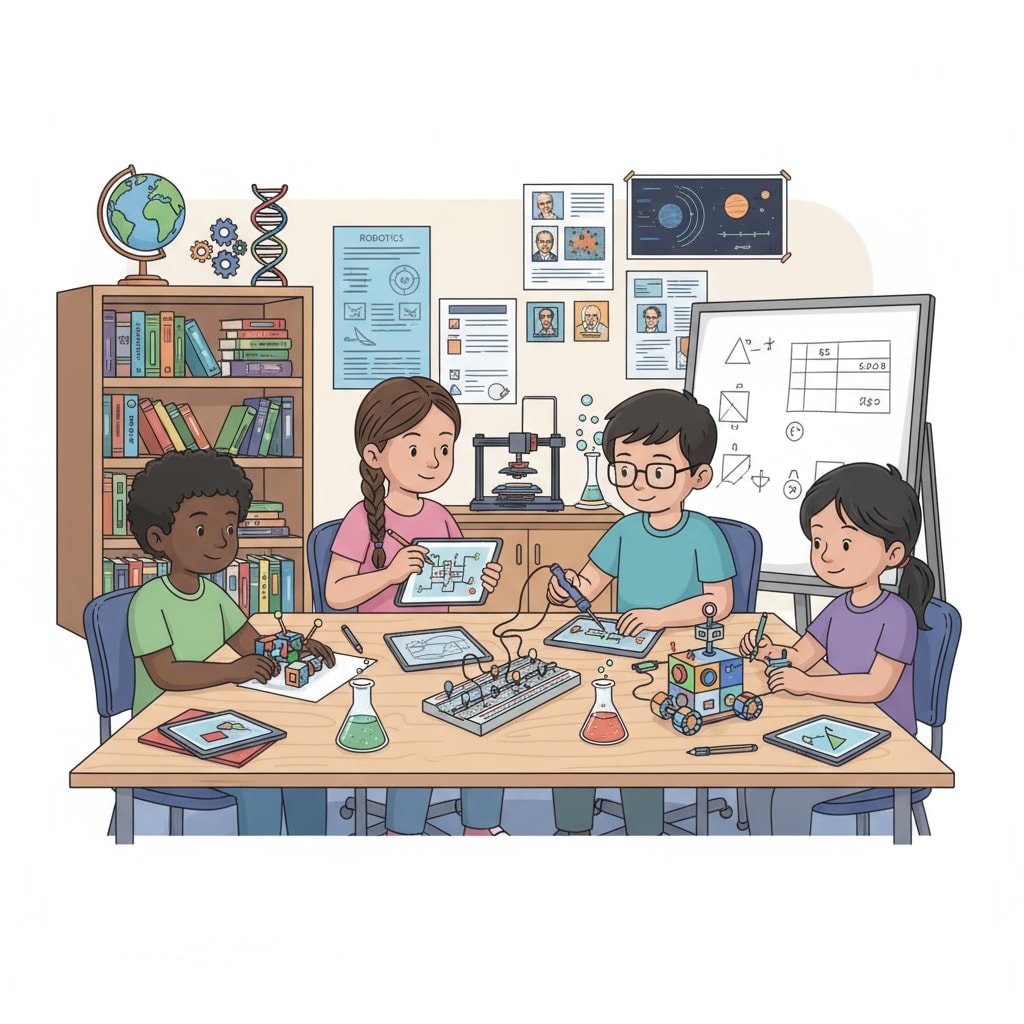Students are actively engaged in a group project related to STEM in a classroom setting, with various educational materials and tools around them. Students collaborating on a STEM project for career readiness in a classroom