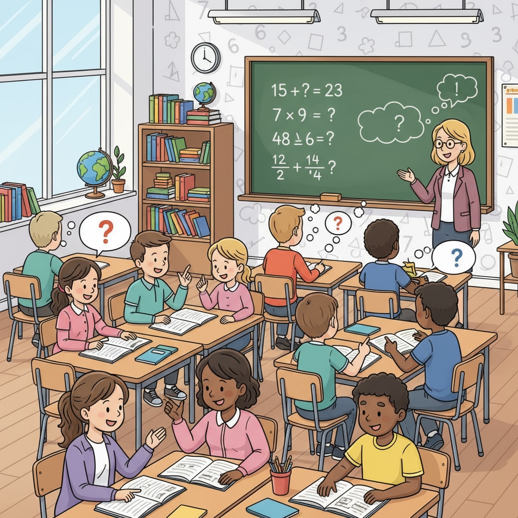 Fourth-grade students discussing negative number math problems in a classroom
