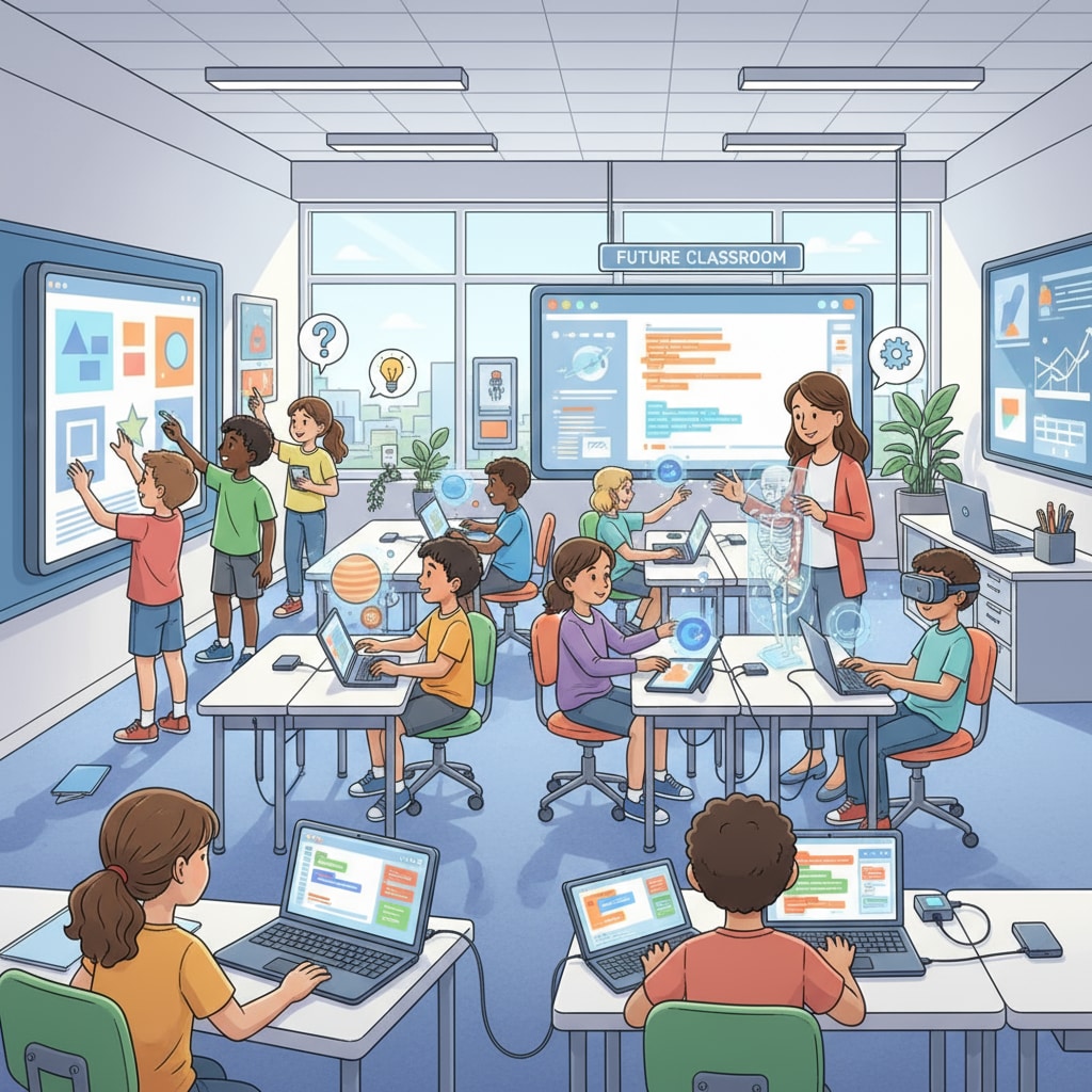 Students are actively using various educational technology tools in a modern and well-equipped K12 classroom, showing high levels of engagement. Students using educational technology tools to enhance classroom learning and engagement in a K12 setting
