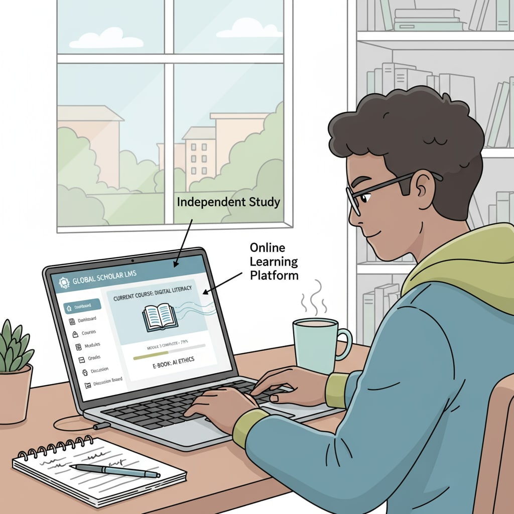 A student is sitting at a desk, concentrating on a laptop while using a Learning Management System to access course materials, demonstrating independent learning. A student using a Learning Management System for classroom learning and increased engagement in K12 education