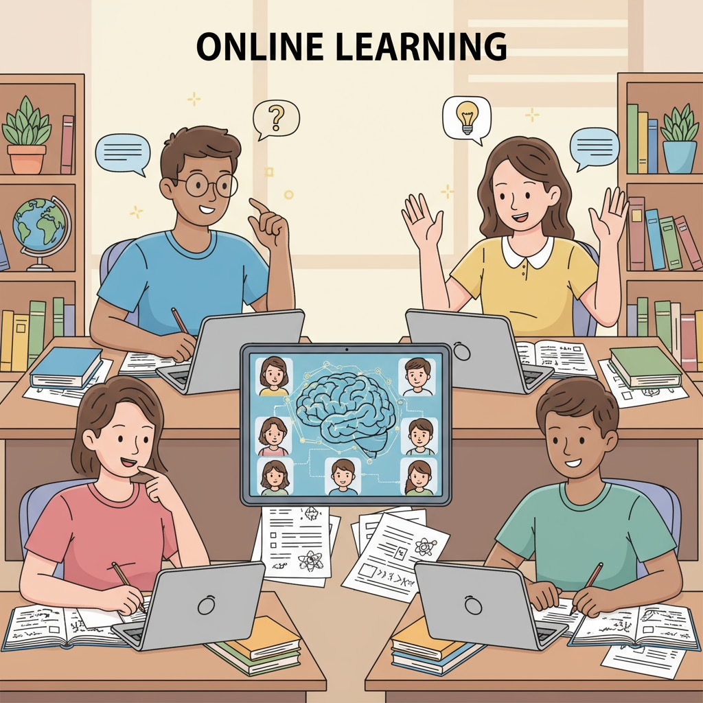A group of students are attentively participating in an online class, looking at their screens and taking notes. Students actively engaged in online learning for better productivity and mental health