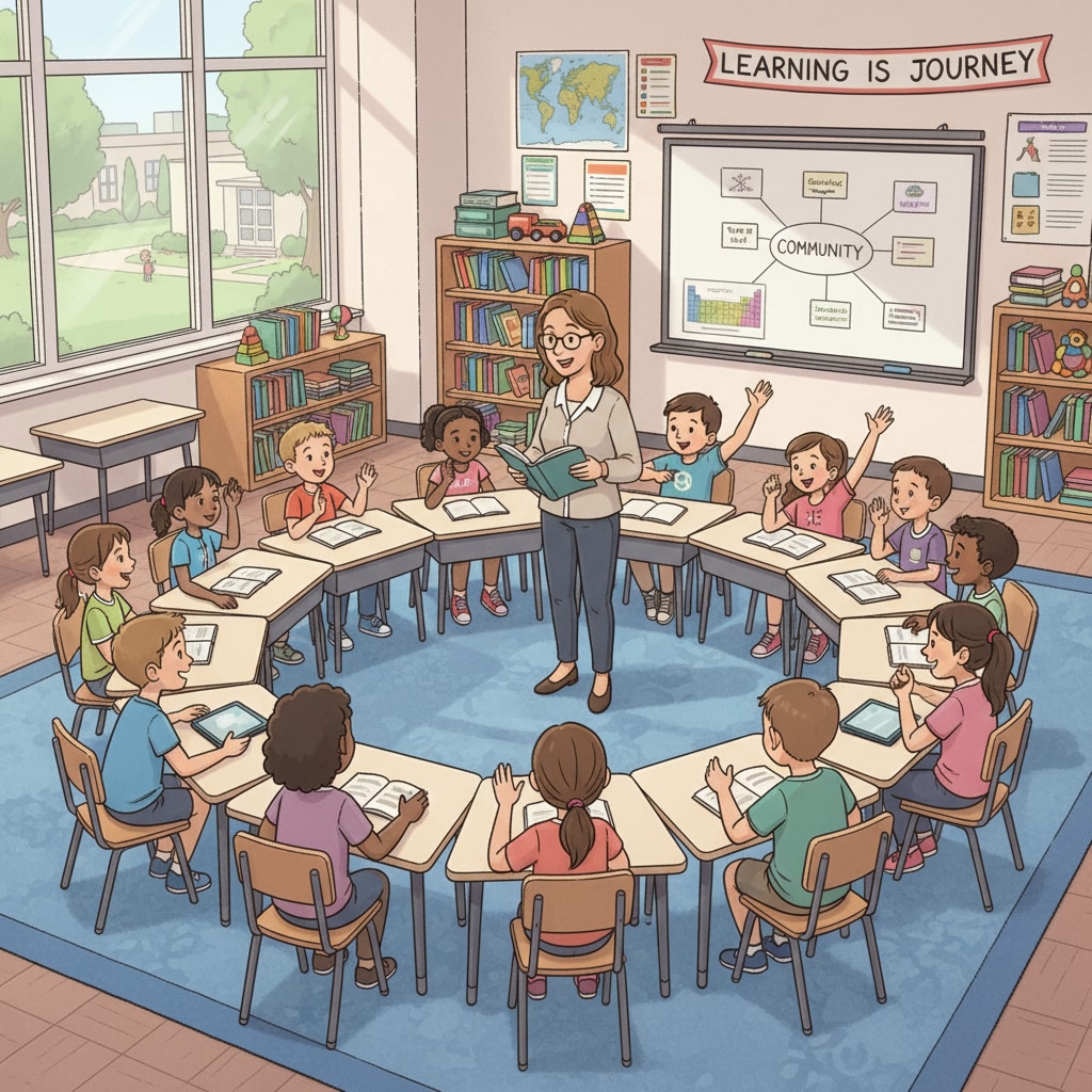 A classroom scene in the US where students are engaged in a lively discussion, with desks arranged in a circle to encourage interaction. Classroom scene in the US showing students' active participation related to education systems, cultural differences, and learning pressures