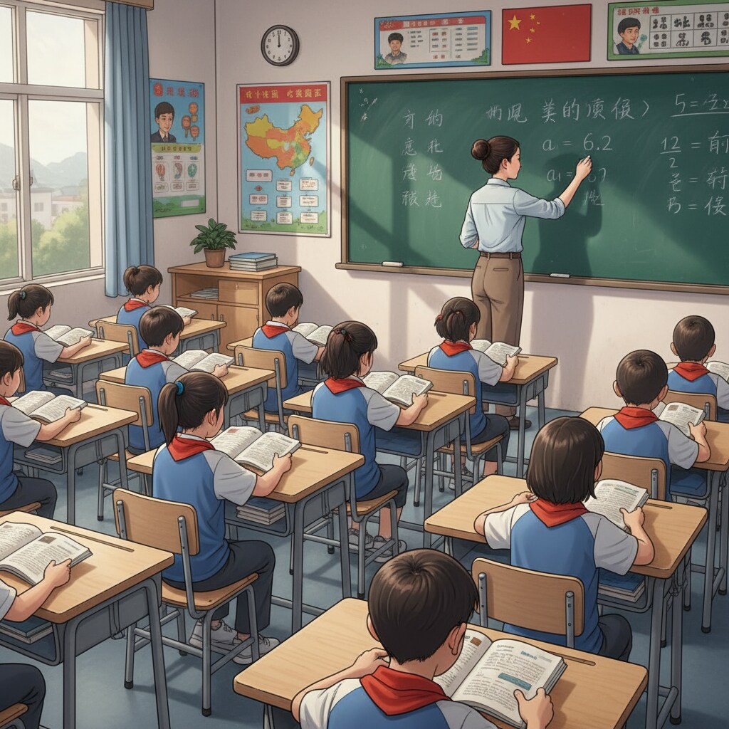A Chinese classroom where students are sitting at their desks, intently focused on their textbooks, with a teacher writing on the blackboard. Chinese classroom scene highlighting students' concentration on studies relevant to education systems, cultural differences, and learning pressures
