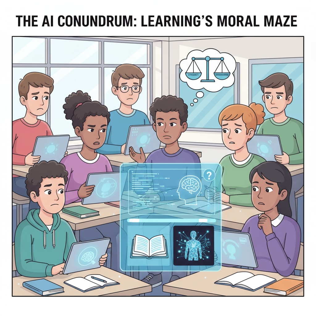 A classroom scene where students are using AI tools with expressions of uncertainty on their faces, representing the moral dilemma in AI-assisted learning. Students facing moral dilemma in AI-assisted learning
