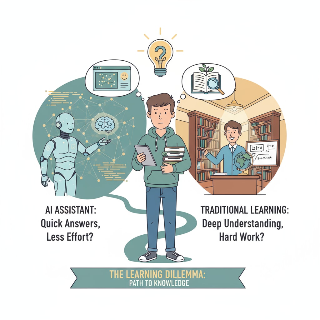 An illustration of a student torn between using AI and traditional learning resources, emphasizing the moral struggle. Student's moral struggle in using AI for academic tasks