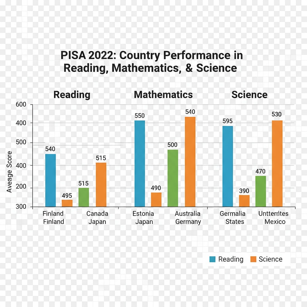 A graph comparing the PISA scores of different countries, showing the performance levels in reading, mathematics, and science. Graph of PISA scores comparison for different countries in school statistics and education data.