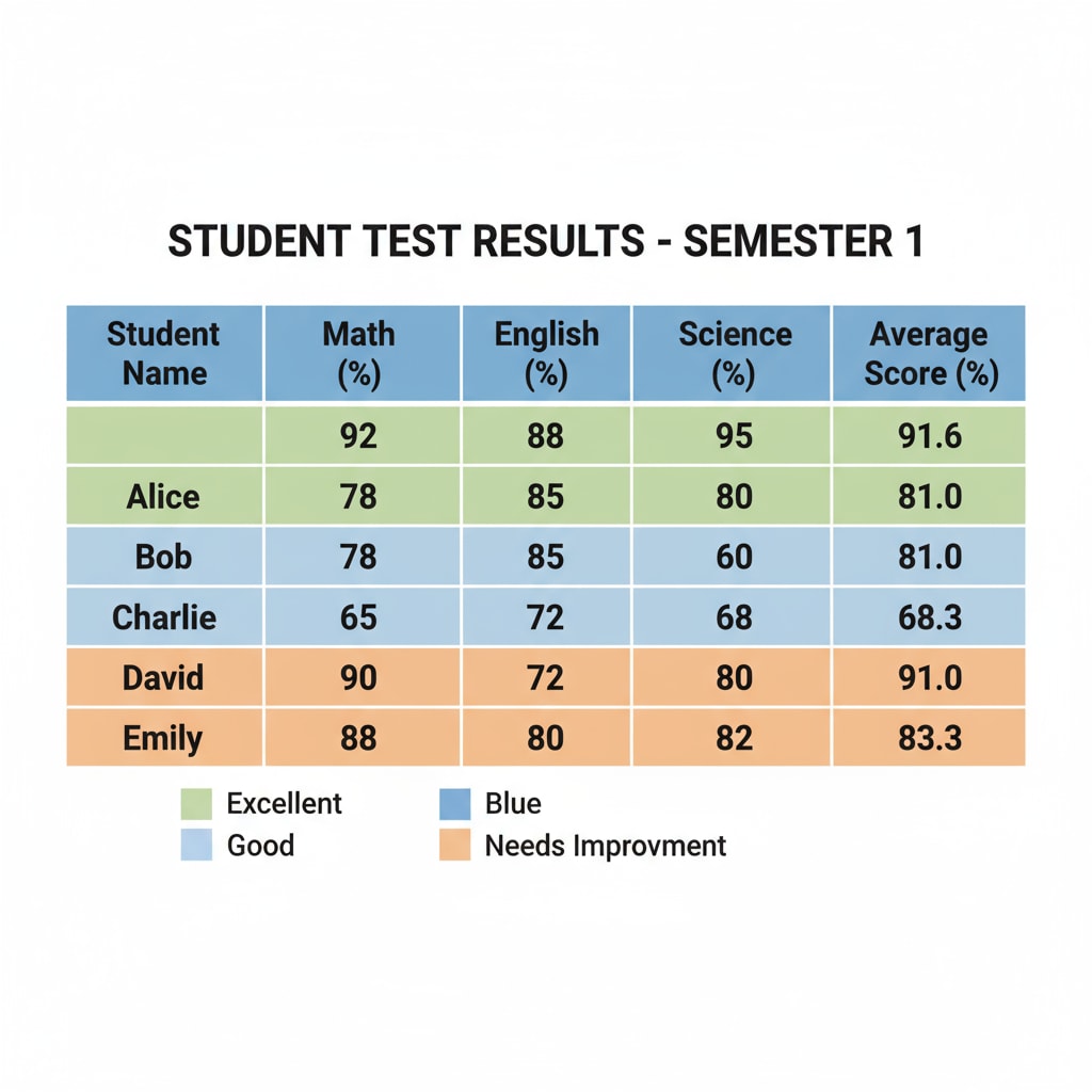 A table presenting students' test scores in various subjects like math, English, and science, highlighting individual performance. Table of students' test scores in different subjects related to school statistics and education data.