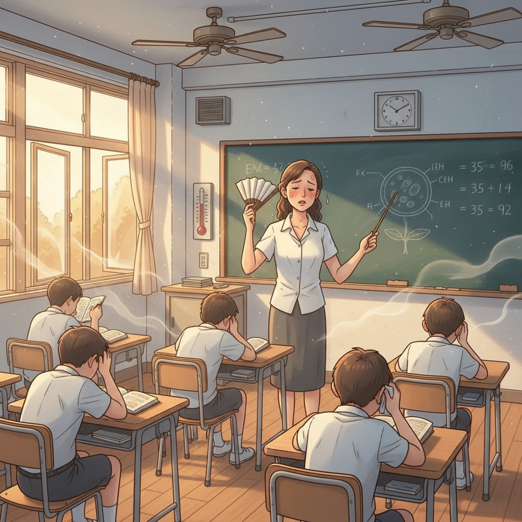 A teacher is standing in front of a blackboard in a hot classroom. The teacher is fanning themselves slightly, showing signs of discomfort due to the high temperature. A teacher in a hot classroom with no air conditioning, looking uncomfortable.