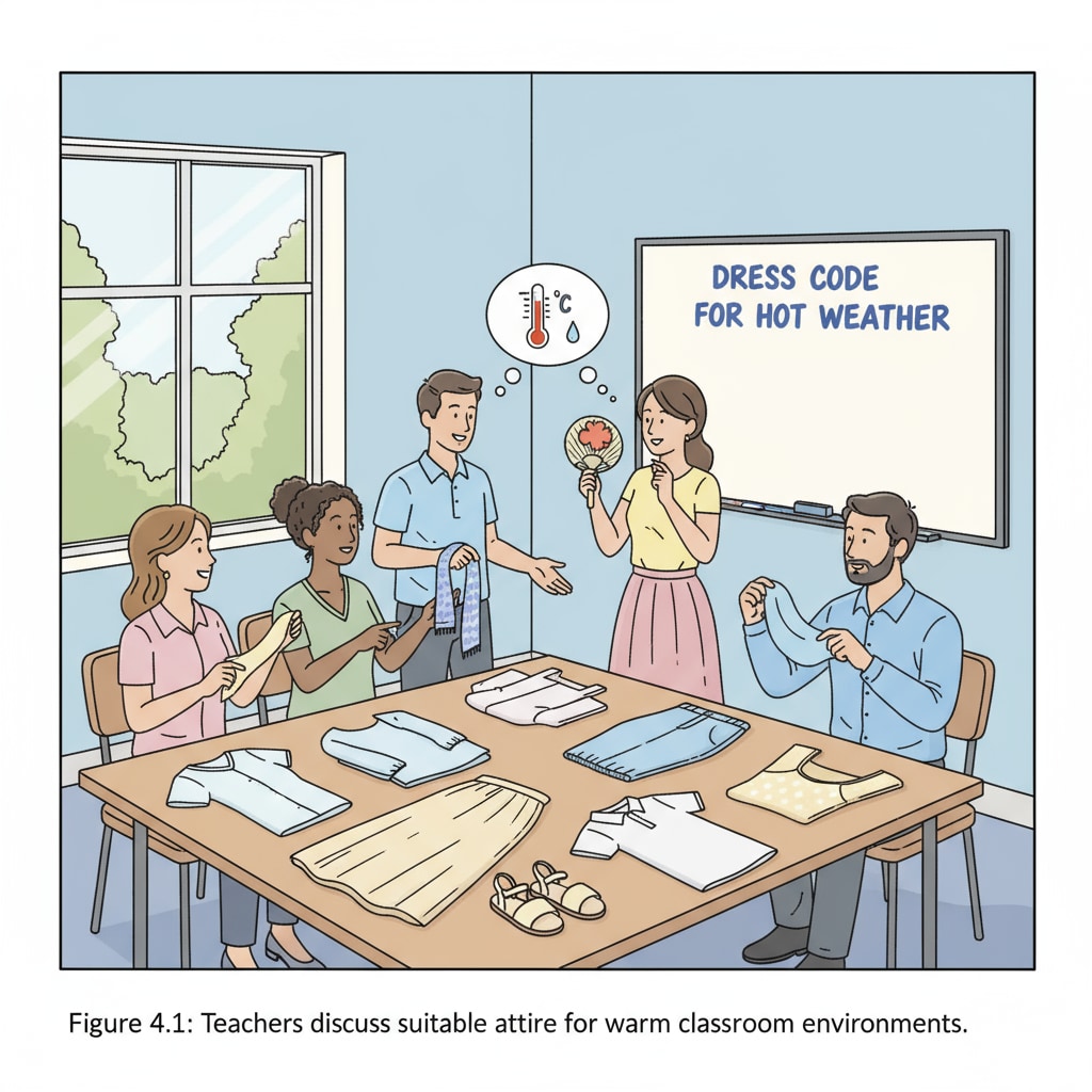 A group of teachers are gathered in a staff room, looking at different clothing items laid out on a table. They are having a discussion about what to wear in the hot classrooms. Teachers discussing clothing options for hot classrooms with no air conditioning.