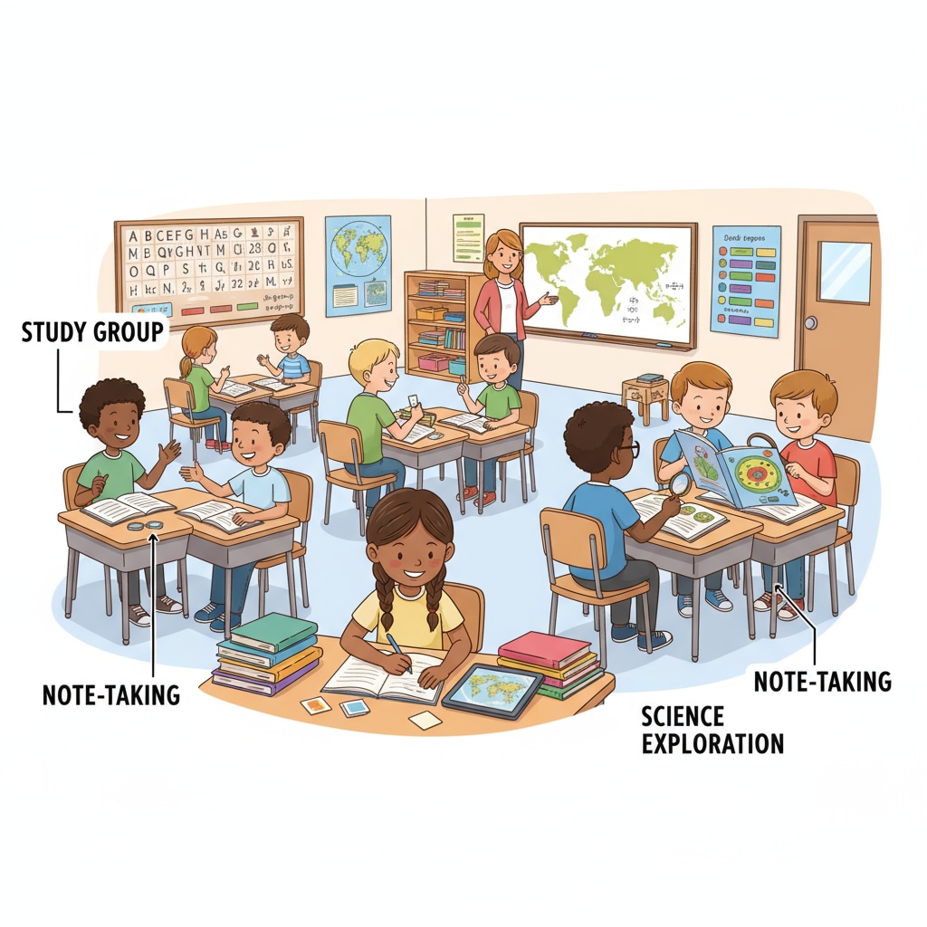 A group of K12 students are sitting at their desks in a classroom, concentrating on their study materials. Some are taking notes, while others are discussing ideas. K12 students demonstrating learning efficiency and working towards high grades in a classroom