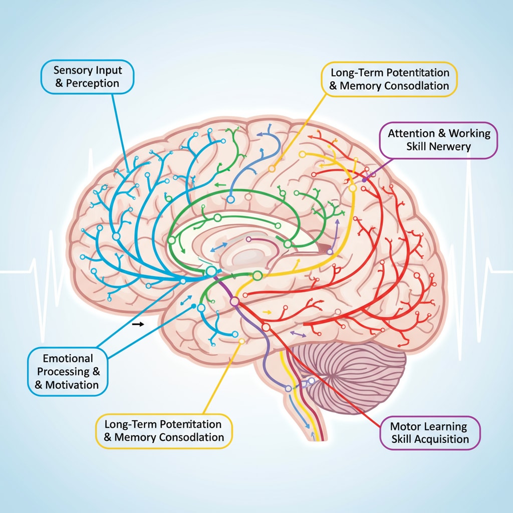 A scientific diagram展示 the neural pathways in the brain that are activated during the learning process. Different colors are used to represent different types of connections. Diagram of neural connections related to learning for K12 students aiming for high grades through efficient learning