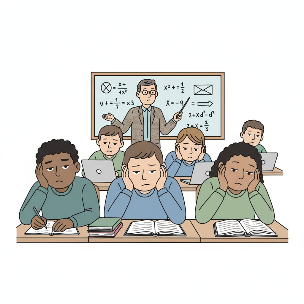 Students showing disinterest during a lecture, highlighting the flaws of forced learning in school systems and educational concepts