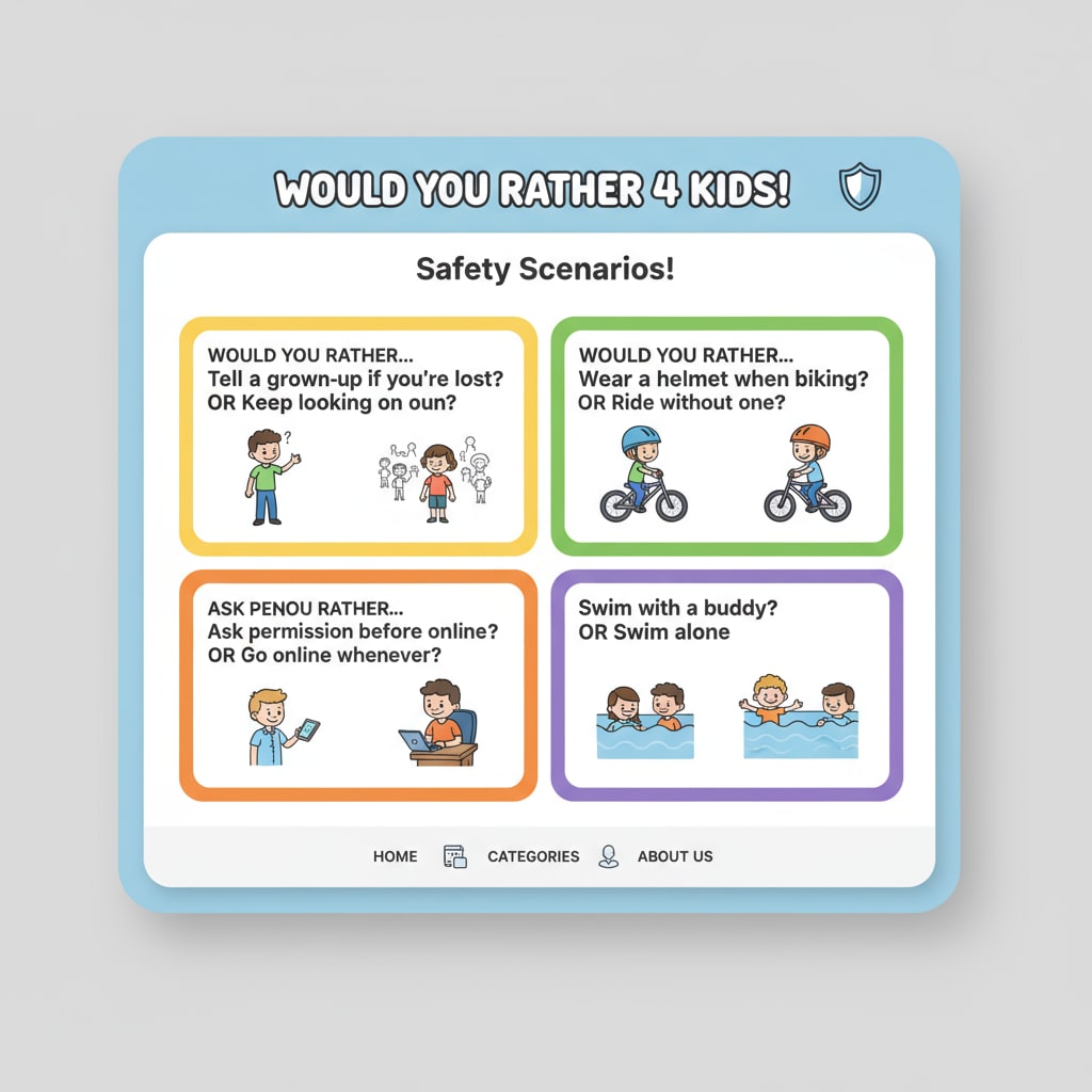 Screenshot of wouldyourather4kids.com with safety-related 'Would You Rather' questions - an educational game and teaching resource