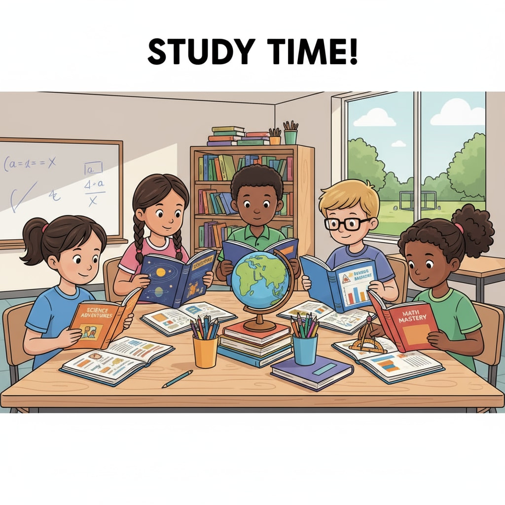 Third-grade students studying science and math textbooks for REET exams