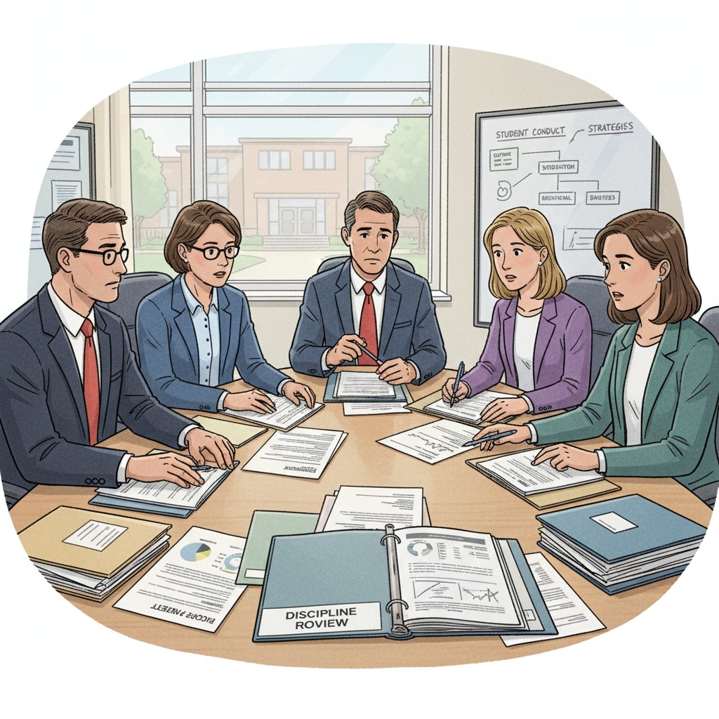 A group of school administrators are sitting around a conference table, engaged in a serious discussion about discipline issues. There are papers and folders on the table, indicating the importance of the topic at hand. School administrators discussing discipline policies, parental demands, restorative practices, and school management