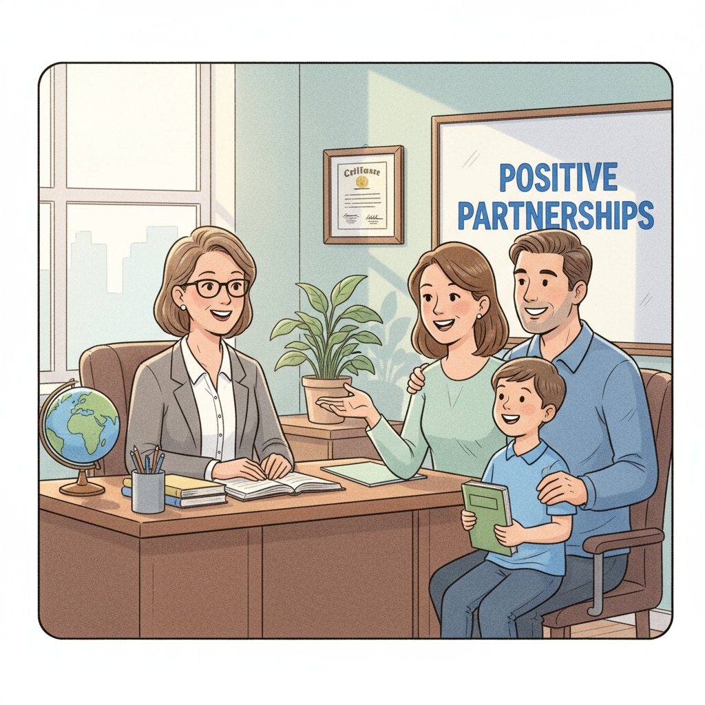 A school administrator is sitting behind a desk, having a warm and friendly conversation with a couple of parents. They are all smiling, suggesting a positive interaction regarding their child's education and discipline. A school administrator communicating with parents about discipline and school management