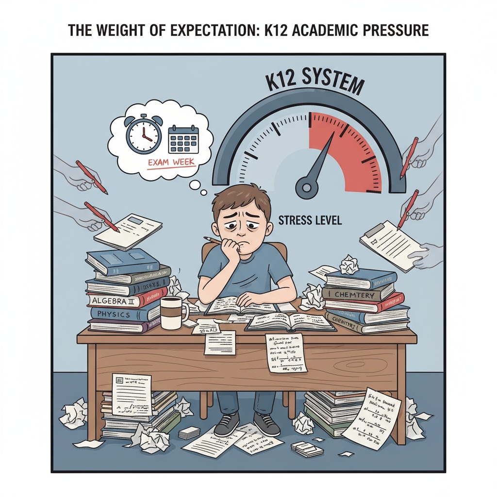 A stressed student in the K12 education system, related to lifelong learning, formal education, and cultural awareness