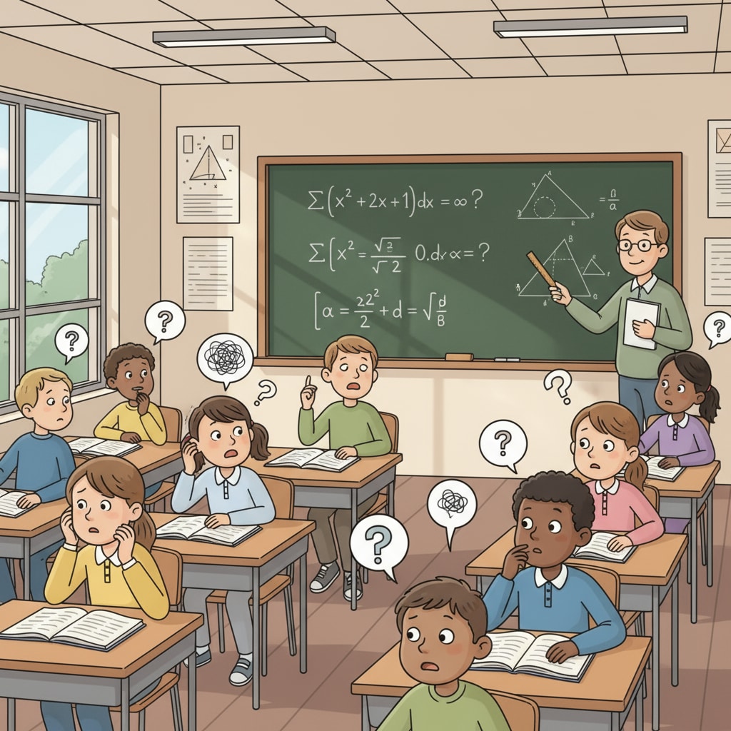 A classroom scene of students struggling with advanced math, highlighting the practicality question in mathematics education.
