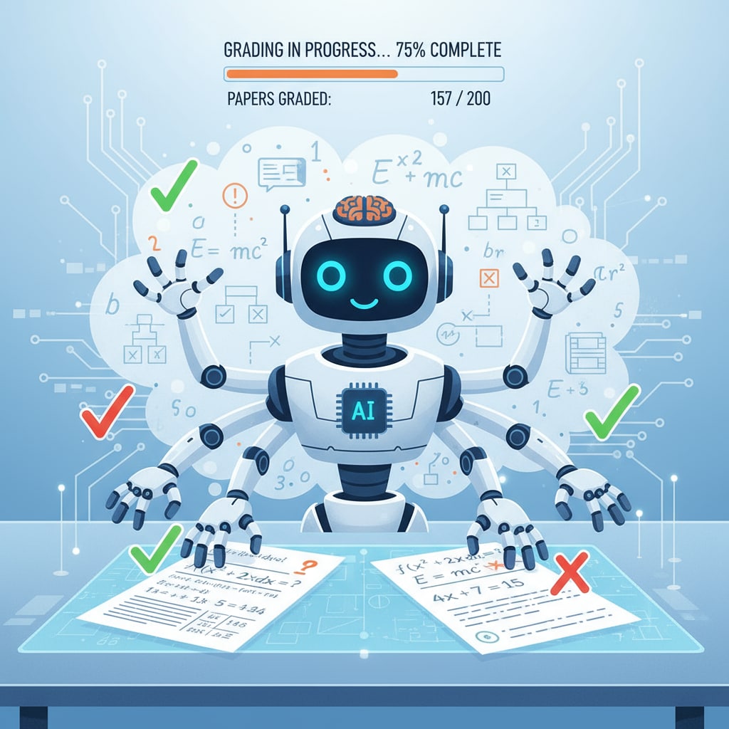 An illustration showing an AI system grading math papers, with numbers and equations floating around the virtual grading interface. AI system grading math papers to save teachers' time and reduce workload
