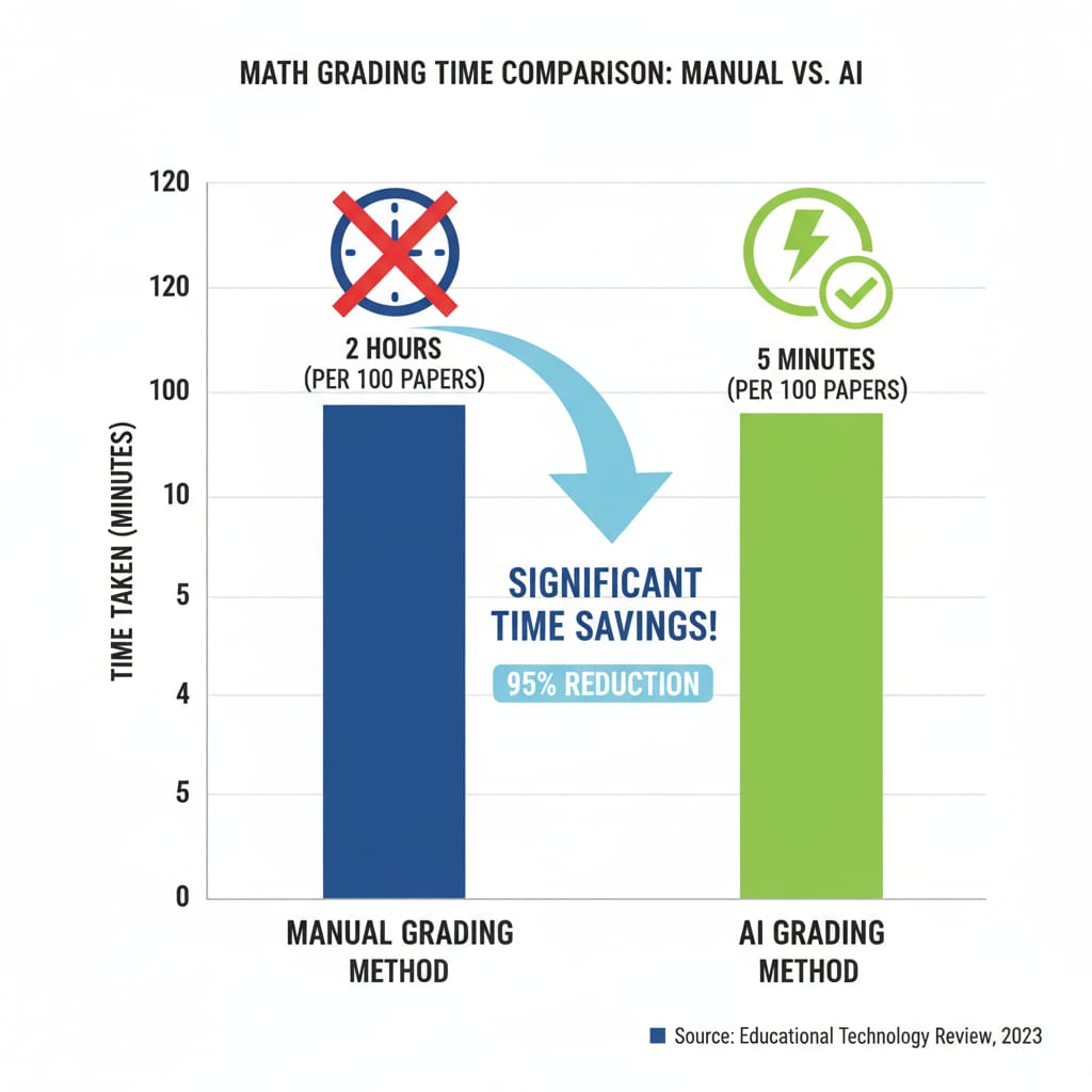 A graph comparing the time taken for manual math grading and AI math grading, clearly showing the significant time savings with AI. Graph depicting time saved by AI math grading compared to manual grading for teachers