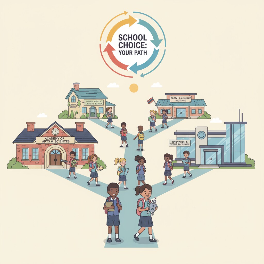 A group of students walking into different schools, which visually represents the concept of school choice as students have the option to go to various educational institutions. Students exercising school choice by walking into different schools, highlighting conservative views on this education policy aspect.