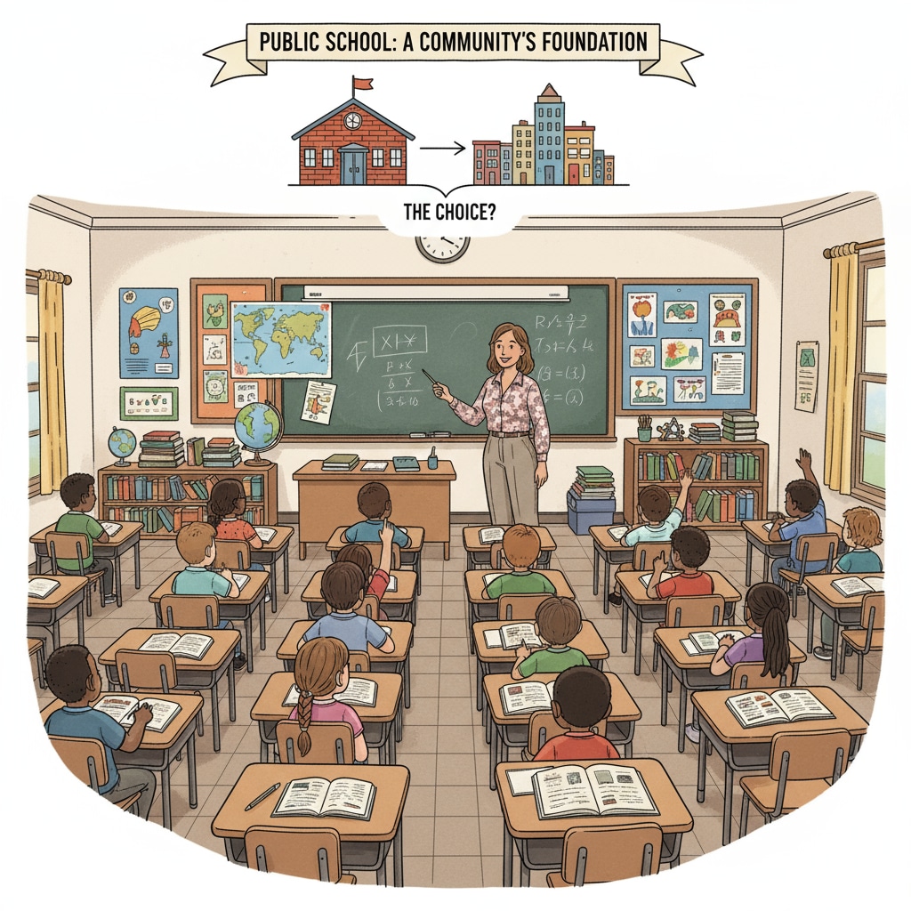 A classroom in a traditional public school, depicting students and a teacher. This image is relevant as it shows the setting of traditional public education which is being affected by the school choice program according to conservative views. Classroom in a traditional public school, related to the conservative criticism of school choice and its impact on education policy.
