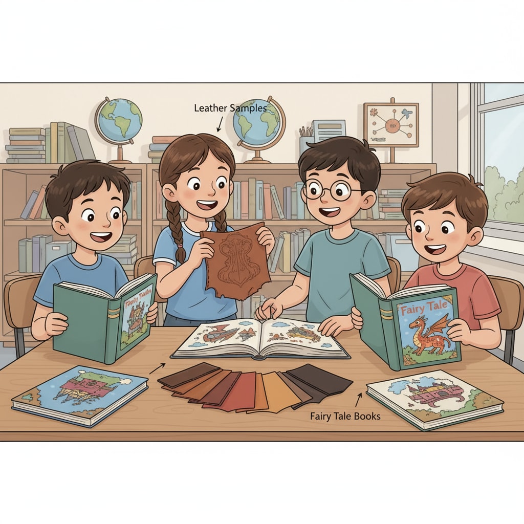 A group of children are looking at leather samples and fairy tale books, with excited expressions on their faces. Children exploring leather samples and fairy tale books in a leather education class
