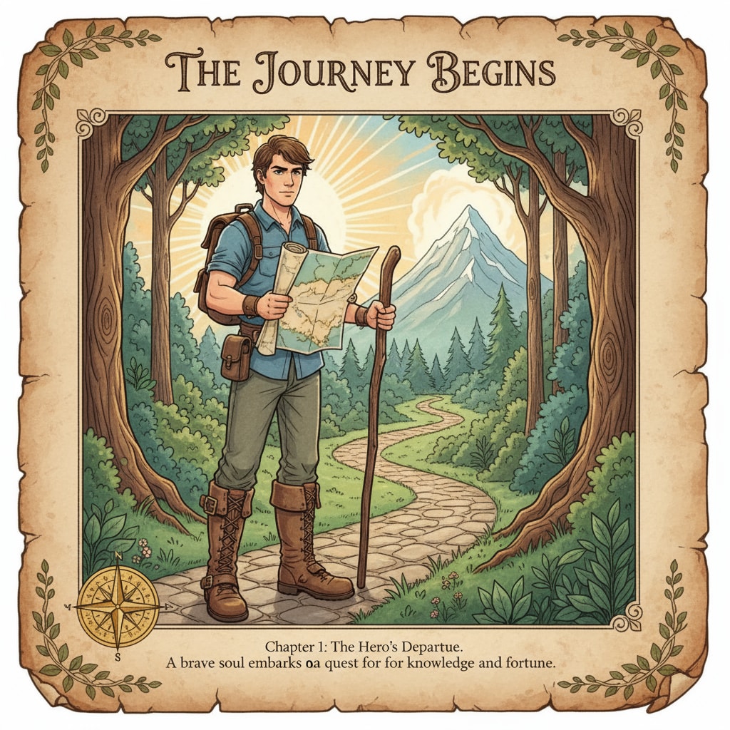 A page from a fairy tale book depicts a heroic character wearing sturdy leather boots as they embark on an adventure. A fairy tale character in leather boots for leather education inspiration