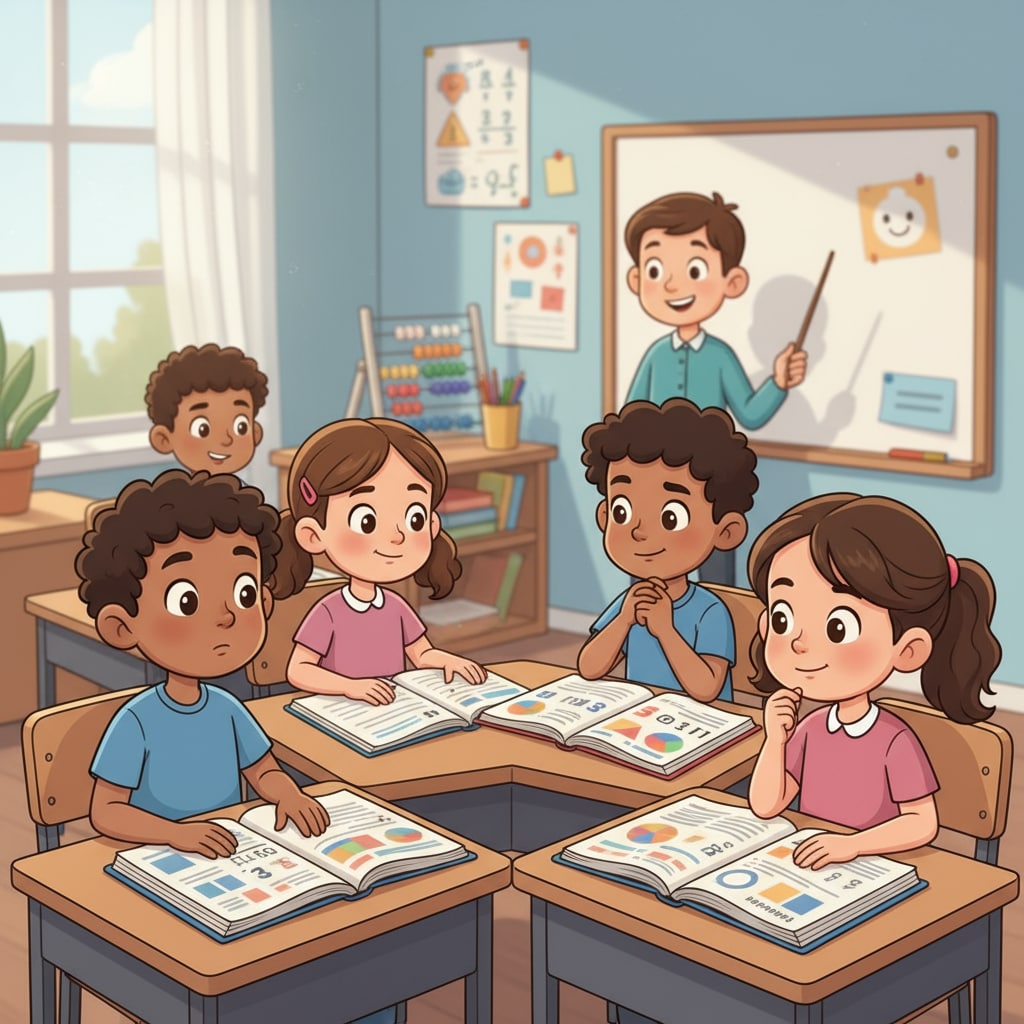 A group of 9-year-old children sitting at desks, looking at math textbooks with curious expressions. 9-year-old children showing interest in math textbooks, related to children's math, educational programs, and learning difficulties.