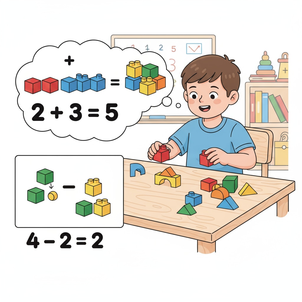 A child using colorful blocks to learn basic math operations. A child engaged in learning math with blocks, relevant to children's math, educational programs for learning difficulties.