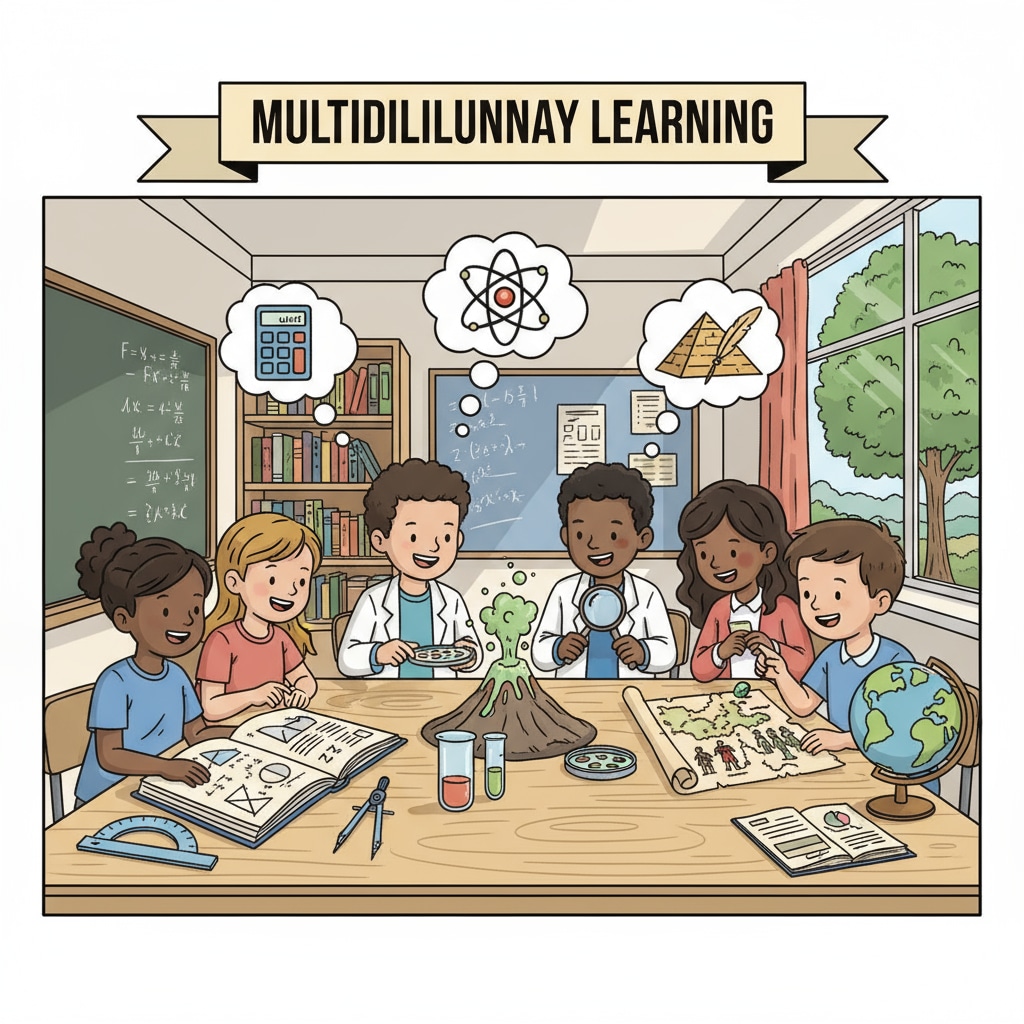 A group of K12 students are gathered around a table, studying different subjects such as math, science, and history, showing their enthusiasm for multidisciplinary learning. K12 students engaged in personalized courses and multidisciplinary learning
