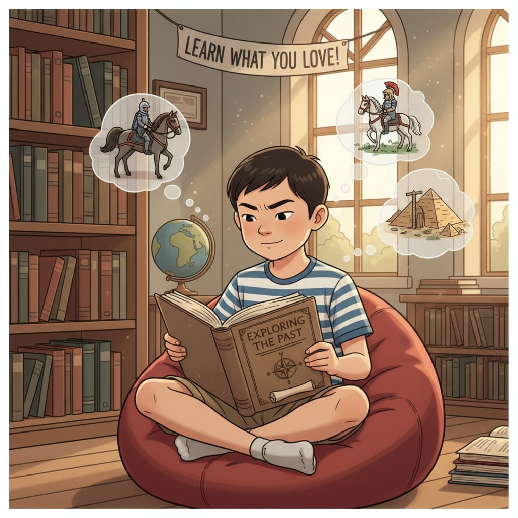 A young student is sitting in a library, deeply absorbed in reading a history book, indicating the importance of starting learning from interests. A K12 student exploring historical knowledge out of interest
