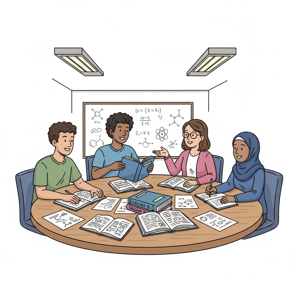 A group of students are sitting around a table, studying theoretical subjects like math and science. They are engaged in discussions and looking at textbooks. Students with attention deficits studying theoretical subjects