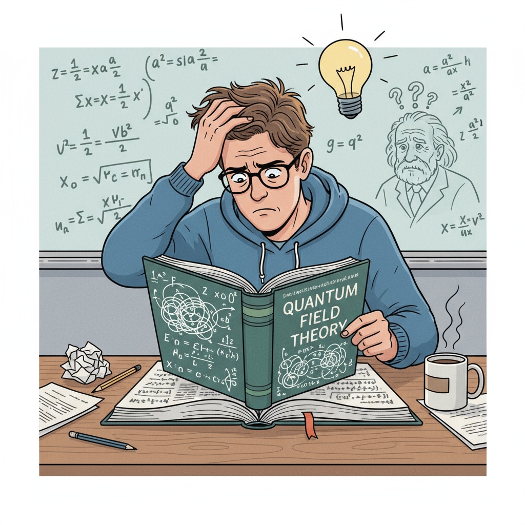 A single student is sitting at a desk, looking frustrated while trying to understand a theoretical textbook. The book has complex equations and diagrams. A student with attention deficit struggling with a theoretical textbook