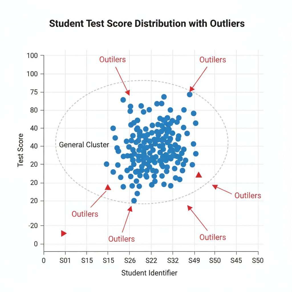 A graph with test scores plotted on the y-axis and student identifiers on the x-axis. Some scores are far from the general cluster, indicating outliers. A graph showing outliers in student test scores for statistical analysis